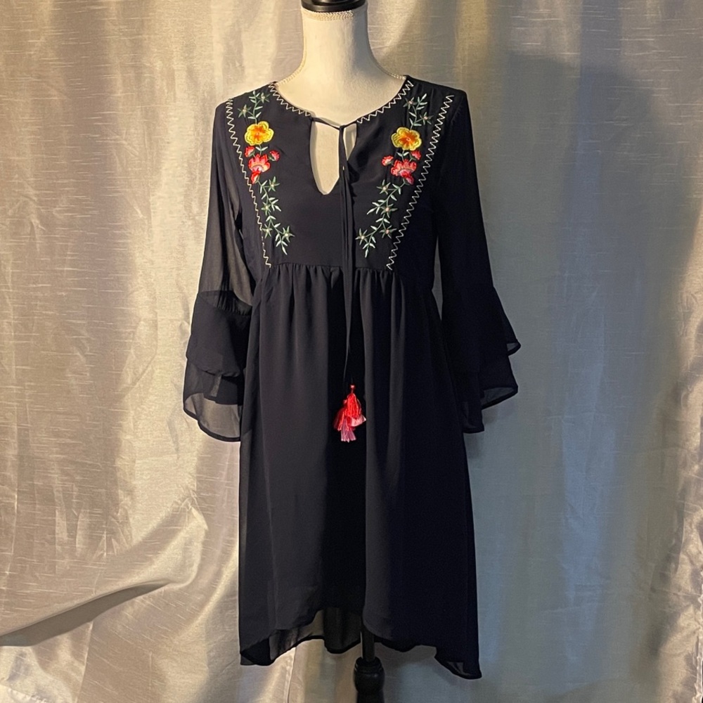 My Michelle Navy Dress with Floral Embroidery